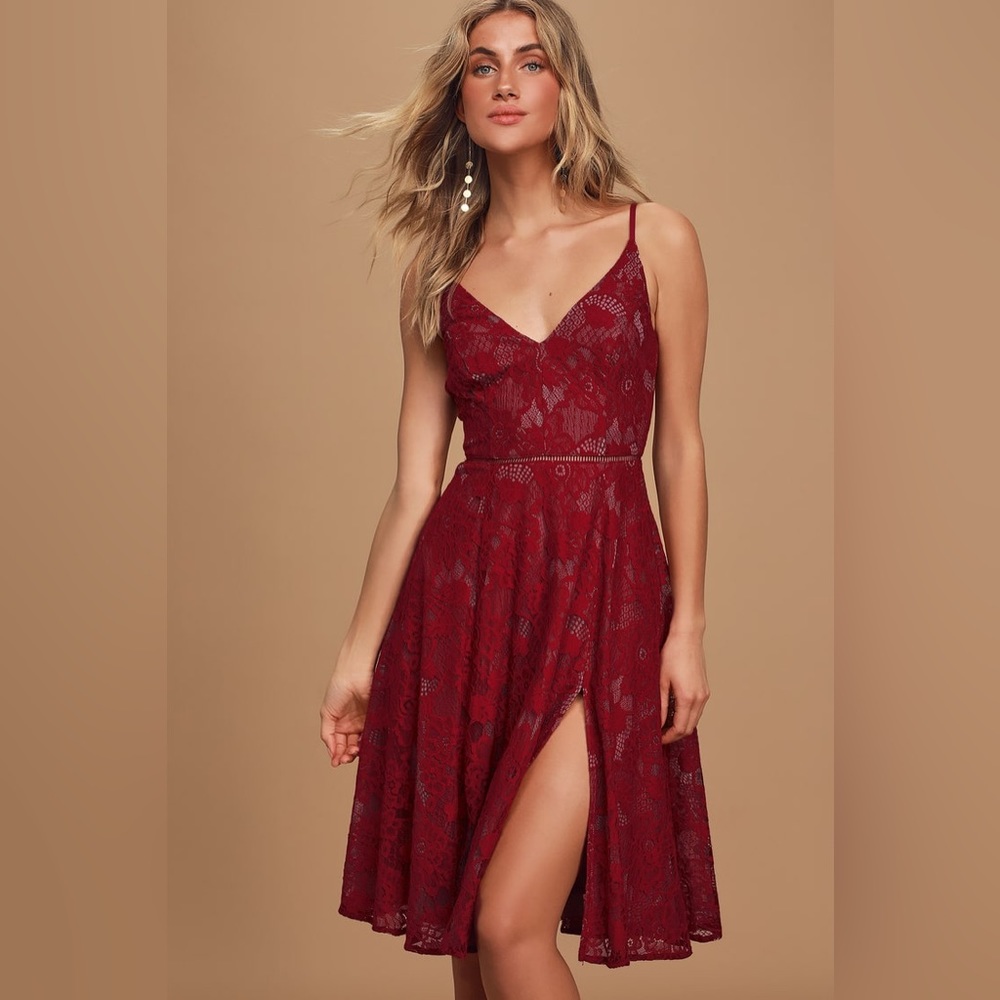 Lulu’s Evening Waltz Burgundy Lace Midi Dress Size XL
